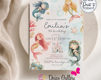 Mermaid Birthday Invitation, Editable Under the Sea Mermaids Party Invite (Instant, Digital Download)