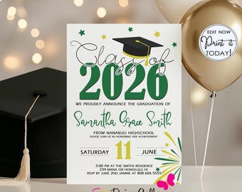 Graduation Invitation, Class of 2026, Editable Green & Yellow Party Invite (Instant Download)