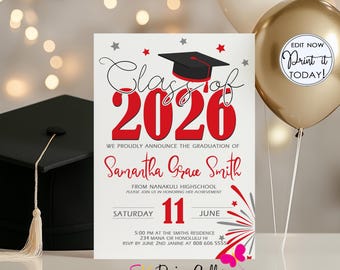 Graduation Invitation, Class of 2026 Grad Party Invite, Editable Red Silver Template (Instant Download)
