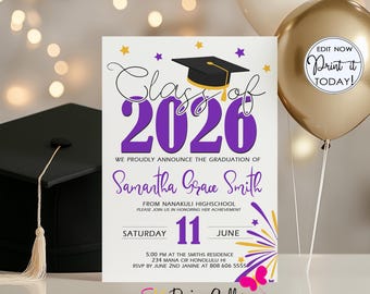 Graduation Invitation, Class of 2026, Editable Purple and Gold Invite (Instant Download)