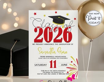 Graduation Invitation, Class of 2026 Grad Party Invite, Editable Red Gold Template (Instant Download)
