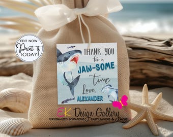 Shark Thank You Tag, Boys Birthday, Party Favor Label (Editable, Instant Download)