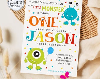 Little Monster Invitation: Boy First Birthday Party Invite (Editable, Digital Download)