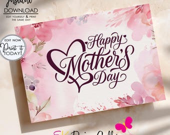 Mother's Day Card, 5x7 Printable Mom's Pink Floral Greeting Note (Instant Download)