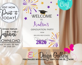 Graduation Party Welcome Sign, Editable Purple Gold Class of 2026 (18X24 Poster Instant Download)