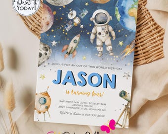 Space Birthday Invitation: Galaxy Astronaut Planets Outer Space Party Invite (Editable, Instant Download)
