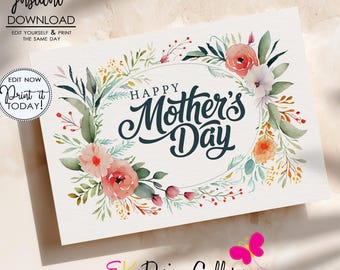 Mother's Day Card, 5x7 Printable Mom's Wreath Greeting Note (Instant Download)