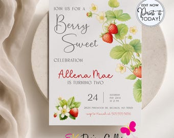 Berry Sweet Birthday Invitation, Strawberry Party Invite (Editable Template, Digital Download)