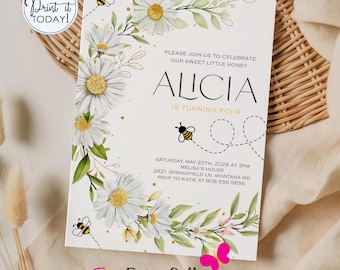 Floral Daisy Bee Invitation, Honey Bee Birthday Party Invite (Editable, Instant Download)