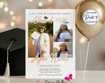 Graduation Invitation, Class of 2026 Grad Party Photo Invite, Editable Template (Instant Download)