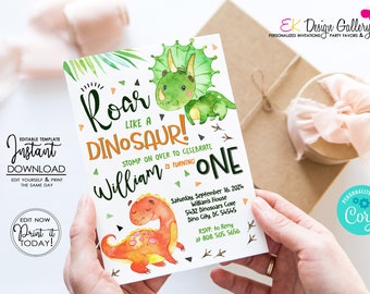 May include: A printable dinosaur-themed birthday invitation for a boy turning one. The invitation features a green dinosaur with a cute face and a red and orange dinosaur with a green background. The text on the invitation reads "Roar like a Dinosaur! William is turning one".