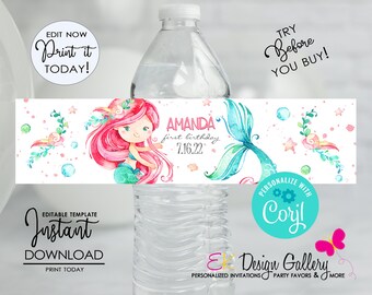 Etiqueta editable para botella de agua con forma de cola de sirena: Decoración para fiesta temática submarina (Descarga instantánea)