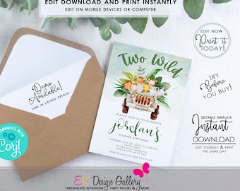 Two Wild Safari Invitation: Jungle Animals Birthday Invite (Editable, Instant Download)