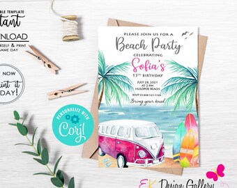 INSTANT DOWNLOAD Girl Beach Party Invitation, Summer Girl Birthday, Surf Birthday Invite, Corjl EDITABLE Template, Digital Invite