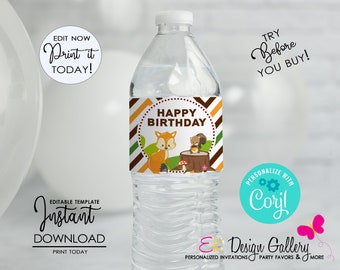 May include: Editable water bottle label template with a woodland theme. The label features a fox and squirrel with the text "Happy Birthday". The label is brown, orange, and green with white stripes. The label is designed to be personalized with the name "Cory!"