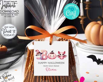 Editable Halloween Treat Tag: Pink Ghost, Pumpkin, Bat (Instant Download)