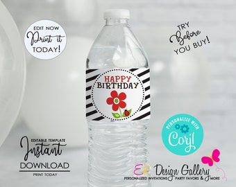 Ladybug Water Bottle Label, Ladybug Birthday, Ladybug Birthday Decorations, Ladybug Water Bottle Wrap, INSTANT DOWNLOAD