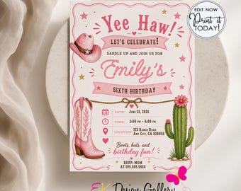 Cowgirl Birthday Invitation, Editable Girl Rodeo Party Invite (Instant, Digital Download)