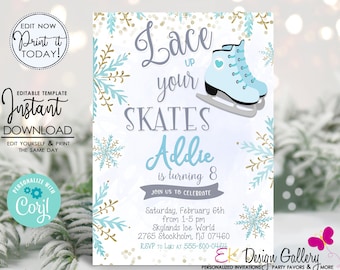 Ice Skating Birthday Invitation, Ice Skating Birthday Party, Skating Invite, Ice Skate Invitation, Skate Invitation, Corjl EDITABLE Template