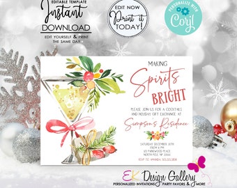 May include: A holiday invitation with a watercolor cocktail illustration and the text "Making Spirits Bright." The invitation includes details for a cocktail and gift exchange at Simpson's Residence.