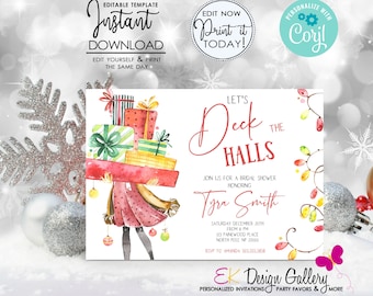 May include: A Christmas-themed bridal shower invitation with a watercolor illustration of a woman carrying a stack of wrapped gifts. The text reads "Let's Deck the Halls" and includes the bride's name, date, time, and location.