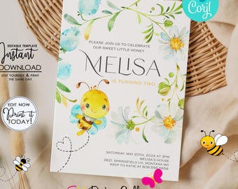 Bee Birthday Invitation, Daisy Flower Honey Bee Theme Party Invite (Editable, Instant Download)