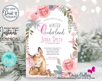 Winter Onederland Invitation: Woodland Birthday Party Invite (Editable, Instant Download)