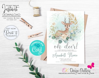 Woodland Baby Shower Invitation: Oh Deer Its a Boy Theme Invite (Editable, Instant Download)