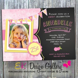 Personalized Lemonade Stand Invitation, Sunshine Summer Lemonade Photo Invite Girls Pink Lemonade Party Digital Download Invite