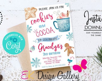 May include: A printable invitation for a child's birthday party. The invitation features a winter theme with snowflakes, a gingerbread man, and a mug of hot cocoa. The text on the invitation reads "Please join us for cookies and cocoa to celebrate Gracelyn's 3rd birthday".