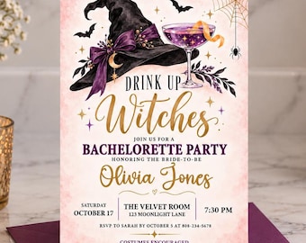 Drink Up Witches Bachelorette Party Invitation, Editable Halloween Bridal Invite, Digital Download