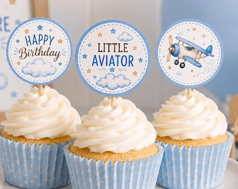 Little Aviator Cupcake Toppers, Printable Little Pilot Set Cake Decoration, Airplane Theme (Instant Download)