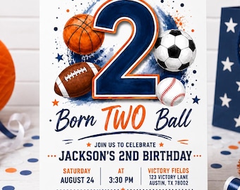 Sports 2nd Birthday Invitation, Editable Born To Ball Sports Party Invite (Digital Download)