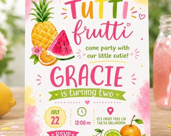 Tutti Frutti Birthday Invitation, Editable Tropical Fruit Party Invite (Digital Download)