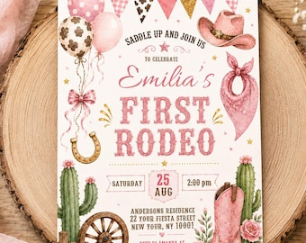 First Rodeo Girl Birthday Invitation, Editable Cowgirl Party Invite (Instant Download)