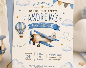 Little Aviator First Birthday Invitation, Editable Up Up and Away Airplane Party (Digital Download)