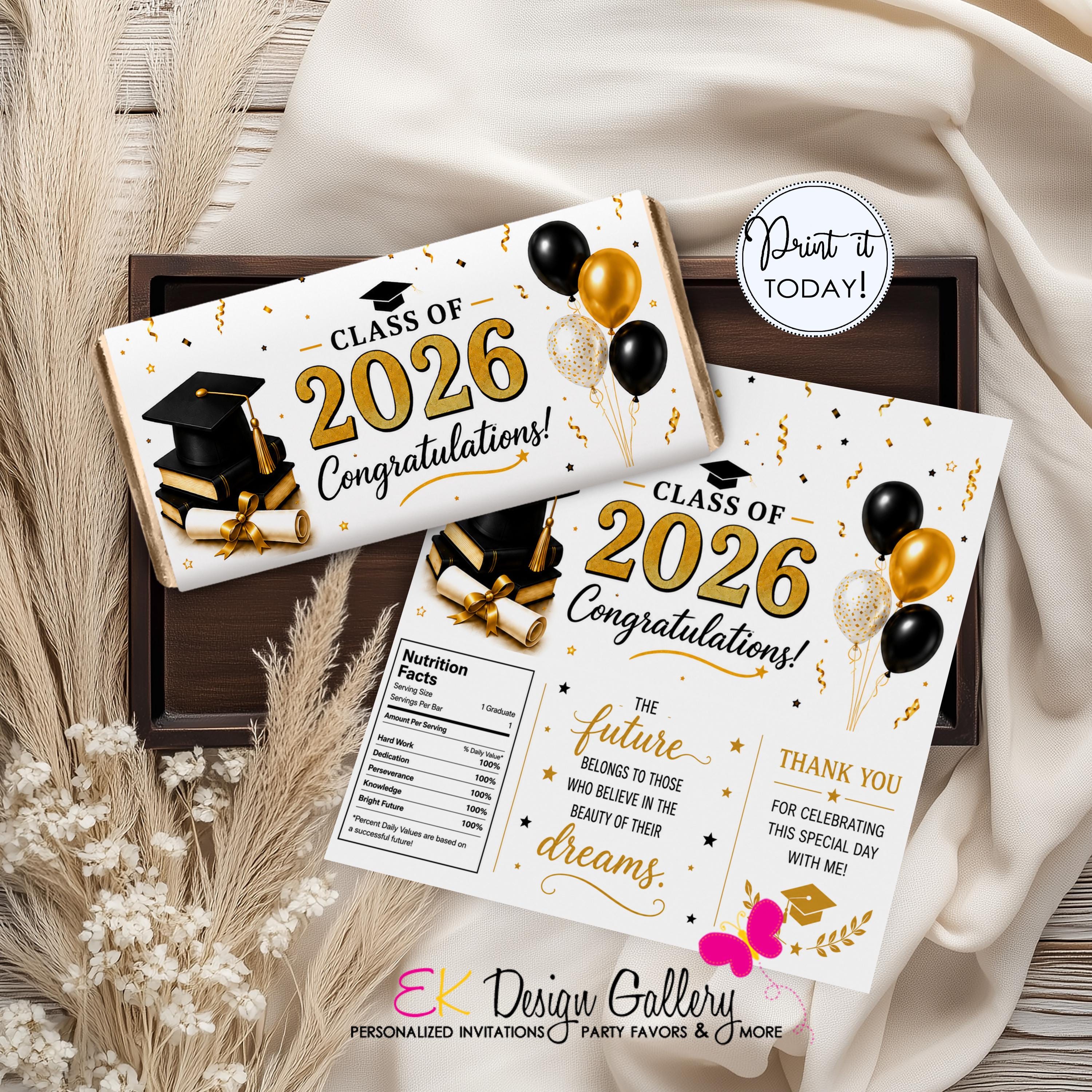 Graduation Candy Wrapper, Gold Black Class of 2026 Chocolate Wrap ...