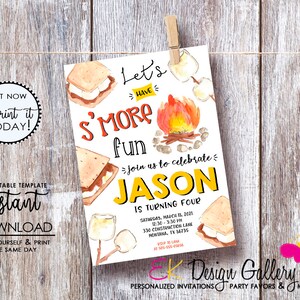 May include: A printable invitation for a birthday party with a s'mores theme. The invitation features a watercolor illustration of s'mores, a campfire, and the text "Let's Have S'more Fun". The invitation is for a boy named Jason who is turning four. The invitation includes the date, time, and location of the party.