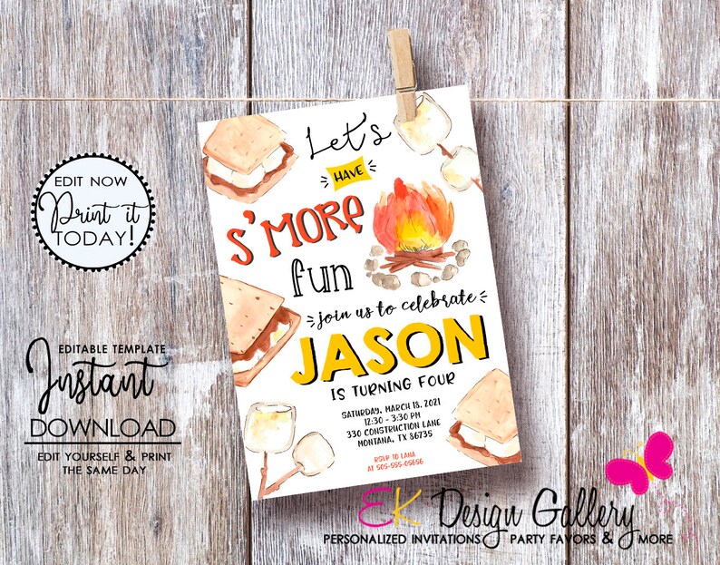 May include: A printable invitation for a birthday party with a s'mores theme. The invitation features a watercolor illustration of s'mores, a campfire, and the text "Let's Have S'more Fun". The invitation is for a boy named Jason who is turning four. The invitation includes the date, time, and location of the party.
