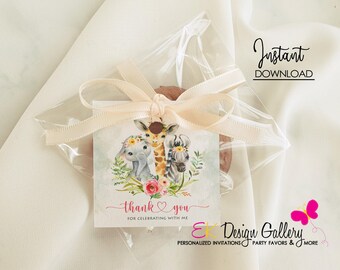 Safari Animals Thank You Tags, Jungle Birthday Favor Label (Editable, Digital Download)