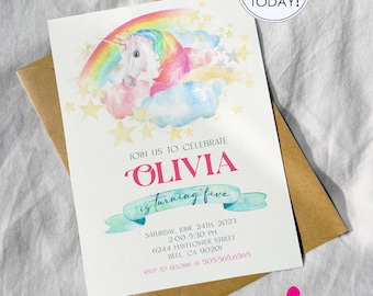Rainbow Unicorn Invitation, Girls Birthday, Magical Sparkles Party Invite (Editable, Instant Download)