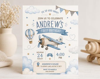Airplane Birthday Invitation Template, Editable Up Up and Away Adventure Party Invite (Instant Download)