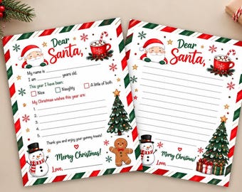 May include: Two Dear Santa letter templates featuring red and green diagonal striped borders, illustrations of Santa, a snowman, a gingerbread man, a Christmas tree, and a mug of cocoa. The text includes Dear Santa, My name is, and Merry Christmas.