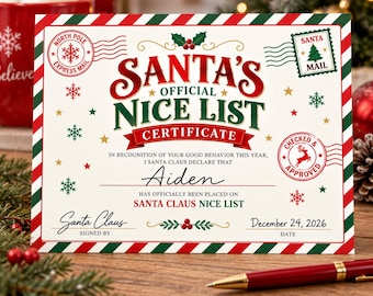 Letter From Santa Nice List Certificate II, Personalized Digital Download