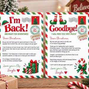 May include: Two rectangular Christmas-themed letters with red and green striped borders. The left letter says I'm Back! and features a green gift box. The right letter says Goodbye! and features a candy cane. Both include North Pole postmarks.