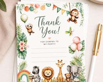 Wild Safari Thank you Card, Printable Instant Download Jungle Animals Stationery Note