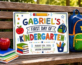 First Day of Kindergarten Sign, Editable Back To School Boy Kindergarten Photo Prop (Digital Download)