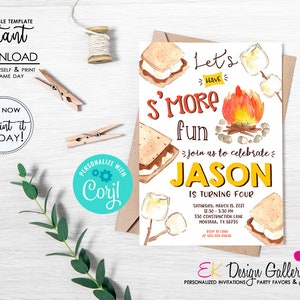 May include: A printable invitation for a birthday party with a s'mores theme. The invitation features a watercolor illustration of a campfire, marshmallows, and graham crackers. The text on the invitation reads "Let's Have S'more Fun" and "Join us to celebrate Jason is turning four".