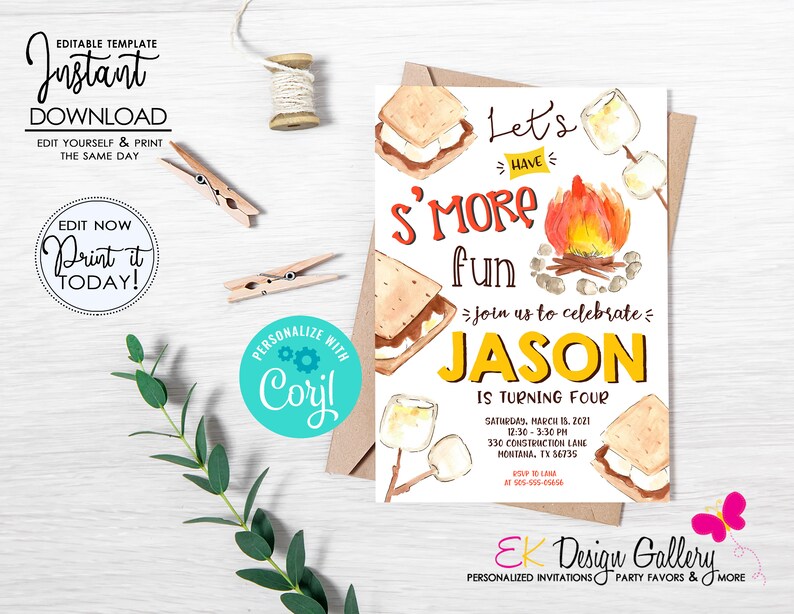 May include: A printable invitation for a birthday party with a s'mores theme. The invitation features a watercolor illustration of a campfire, marshmallows, and graham crackers. The text on the invitation reads "Let's Have S'more Fun" and "Join us to celebrate Jason is turning four".