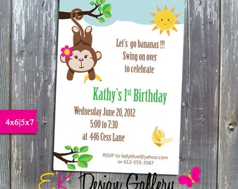 Go Banana Invitation, Monkey Invitation, Girl 1st Birthday Party, First Birthday Invitation, Personalized Invitation, Printable Invites